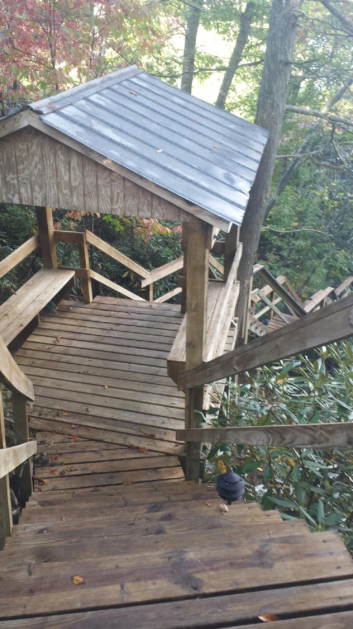 Metal roofed shelter over wooden steps on a wooded walkway — Skylight Repair & Installation work by our crew in Saxapahaw